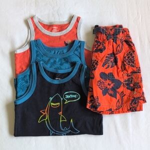 Boys Tropical Shark Tank Tops & Hibiscus Shorts Outfit Bundle Set 18-24M